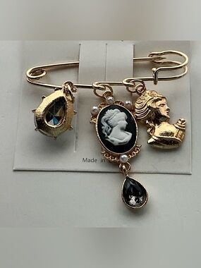 Gold Cameo Safety Pin Brooch with Smoky Gray Teardrop Charms